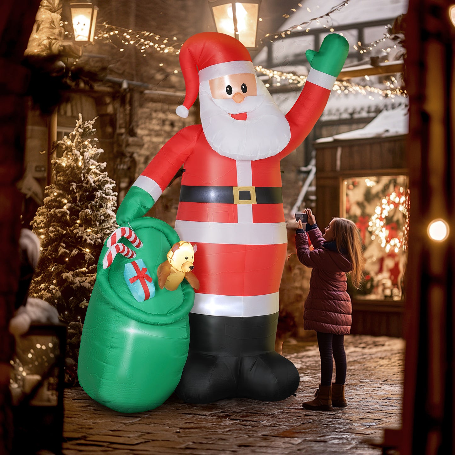 Outsunny 9ft/275 cm Christmas Inflatable Santa with Bear Sack, Giant Christmas Blow Up Decoration with Built-in LED Lights for Garden, Indoor Outdoor Home Decor