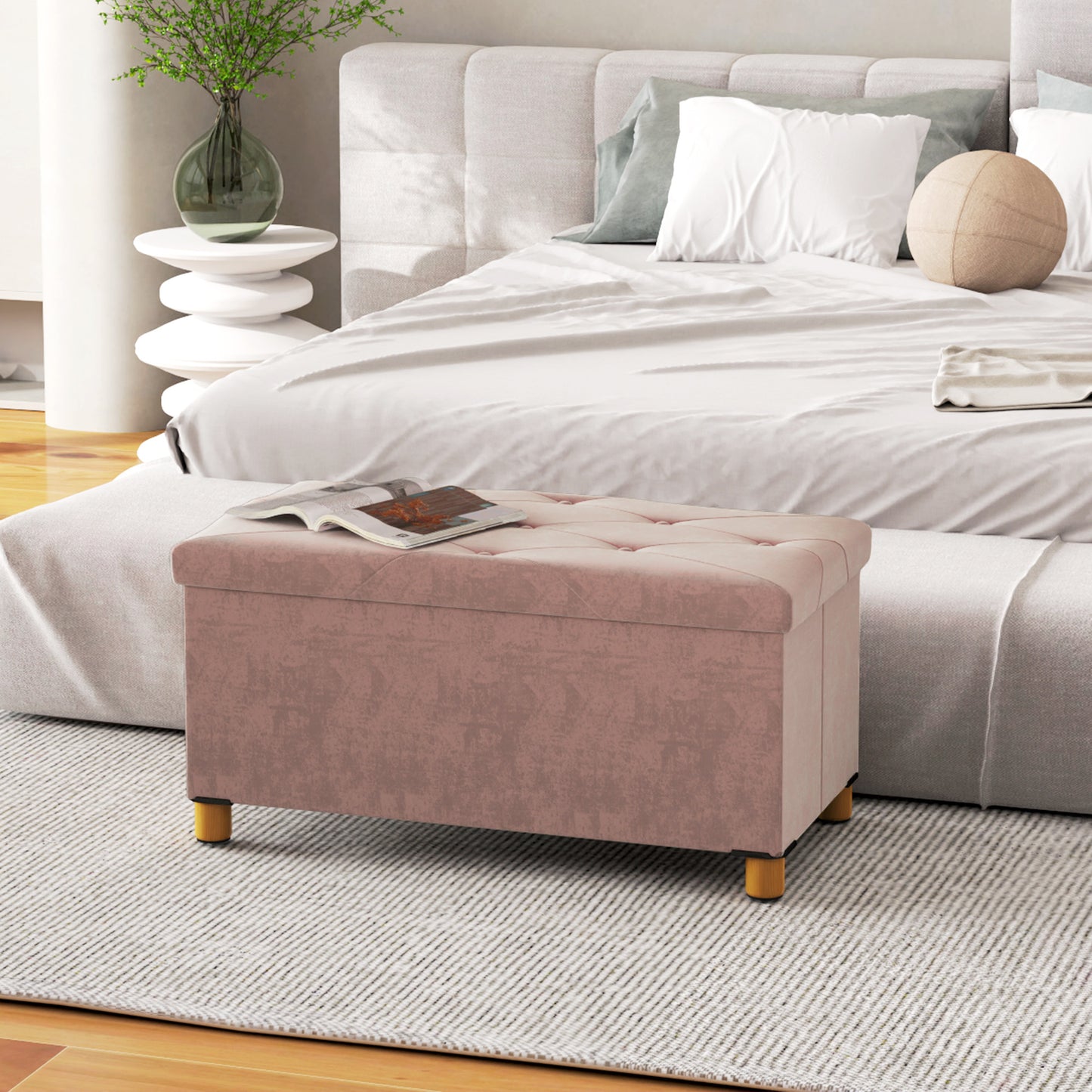 HOMCOM Velvet Upholstered Foldable Ottoman Footrest, Storage Ottoman Bench with Wood Legs for Living Room, Pink