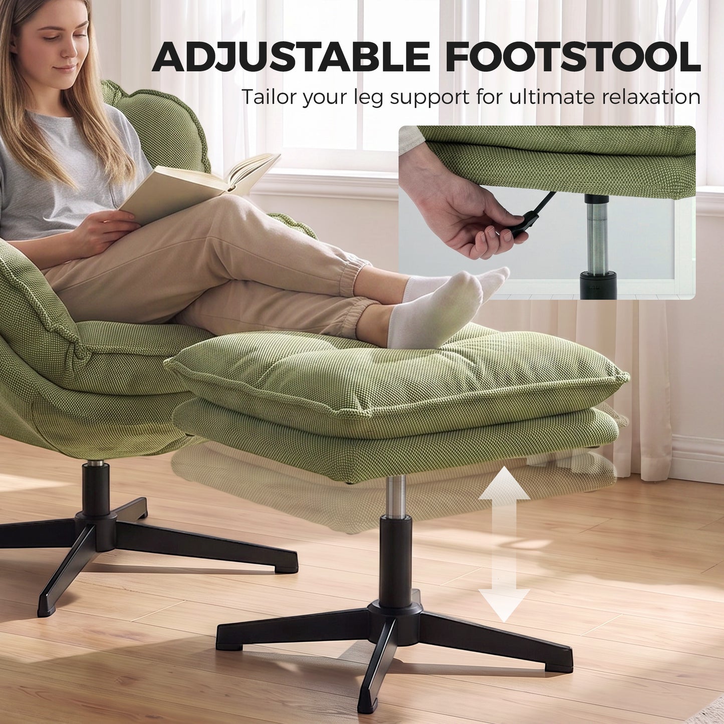 HOMCOM Armchair with Adjustable Footstool, 360Â° Swivel Chenille Cloud Accent Chair with Thick Cushion, Steel Base, Green
