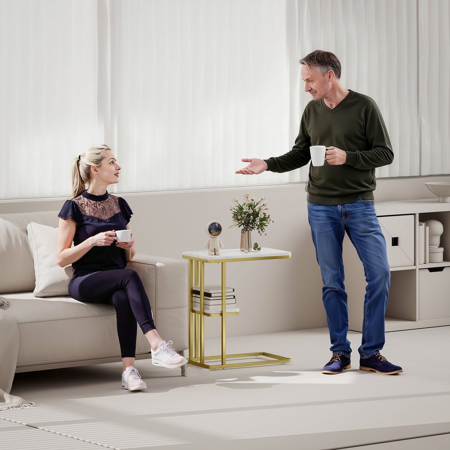 HOMCOM C-Shaped Narrow Side Table, 2-Tier Slim End Table, Nightstand for Small Spaces, Living Room, Bedroom, White Marble Grain