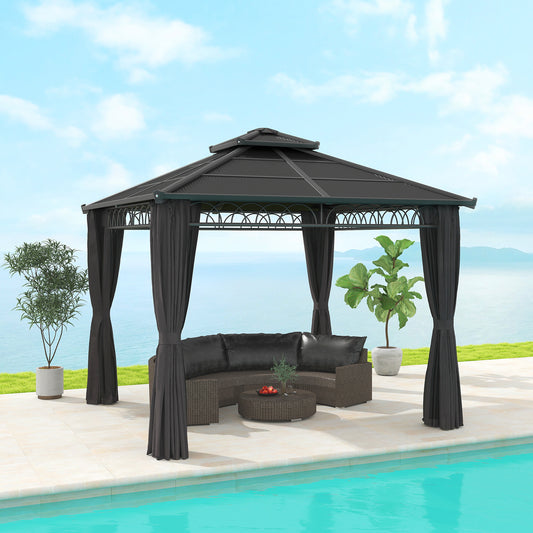 Outsunny 3 x 3 (m) Outdoor Polycarbonate Gazebo, DoubleÂ Roof Hard Top Gazebo withÂ Galvanised Steel Frame, NettingsÂ &Â Curtains for Garden, Lawn, Patio and Deck, Dark Grey
