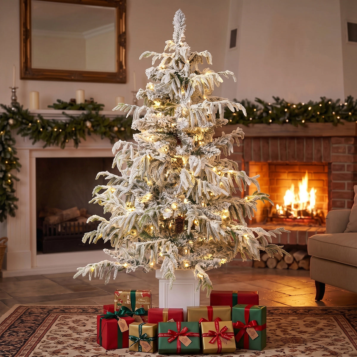 HOMCOM 4ft Prelit Flocked Christmas Tree, Artificial Snow Flocked Spruce with 160 Warm White LED Lights, 8 Modes, Green