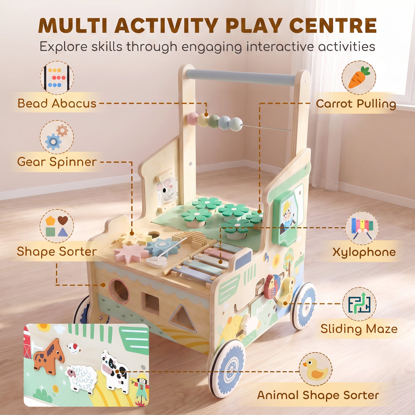 AIYAPLAY Wooden Baby Walker for 1-3 Year, Montessori Inspired Push Along Walker Toys, Multifunctional Activity Centre