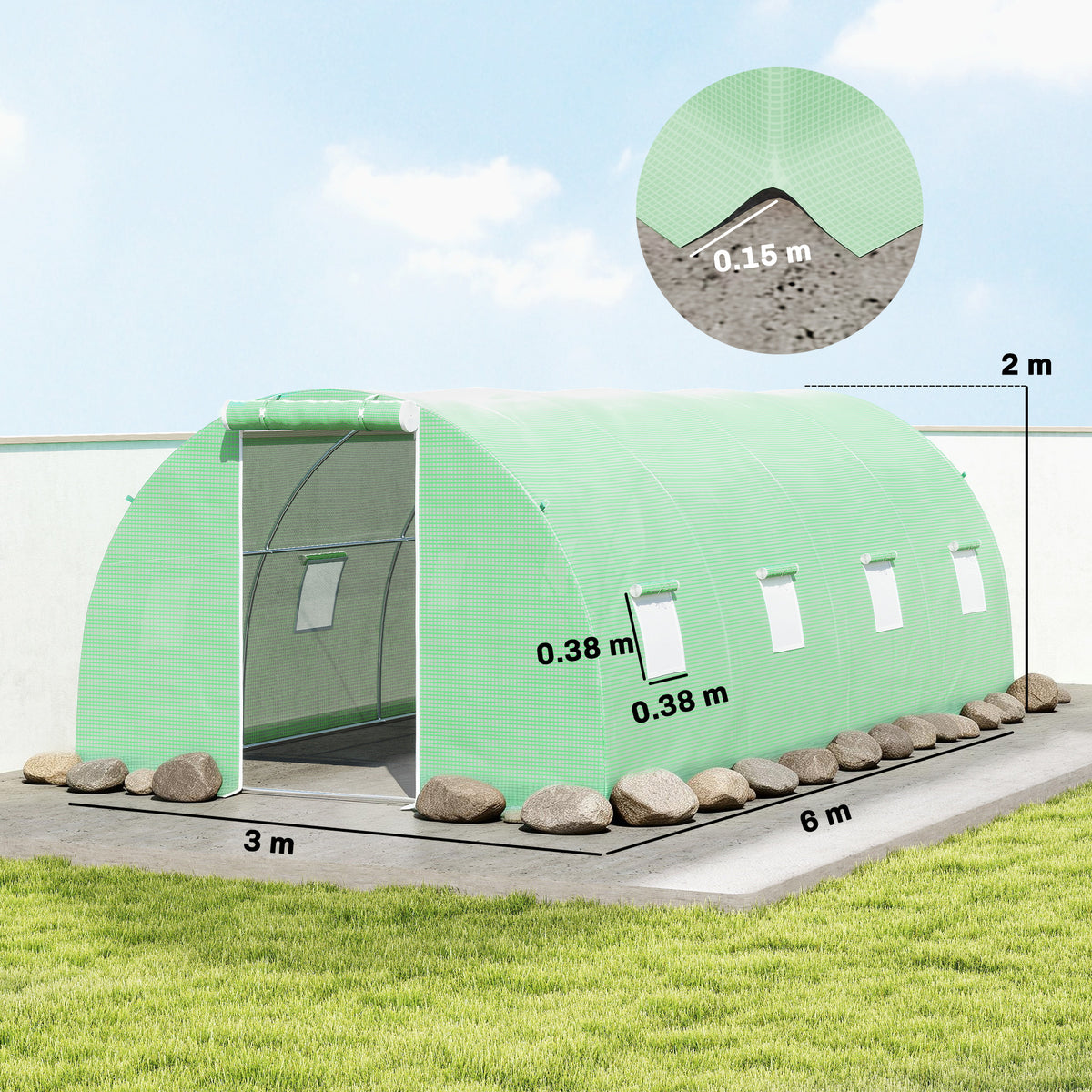 Outsunny 6 x 3 m Walk-in Polytunnel Greenhouse, Zipped Roll-Up Door, 8 Mesh Windows, UV-Resistant PE Cover, Green