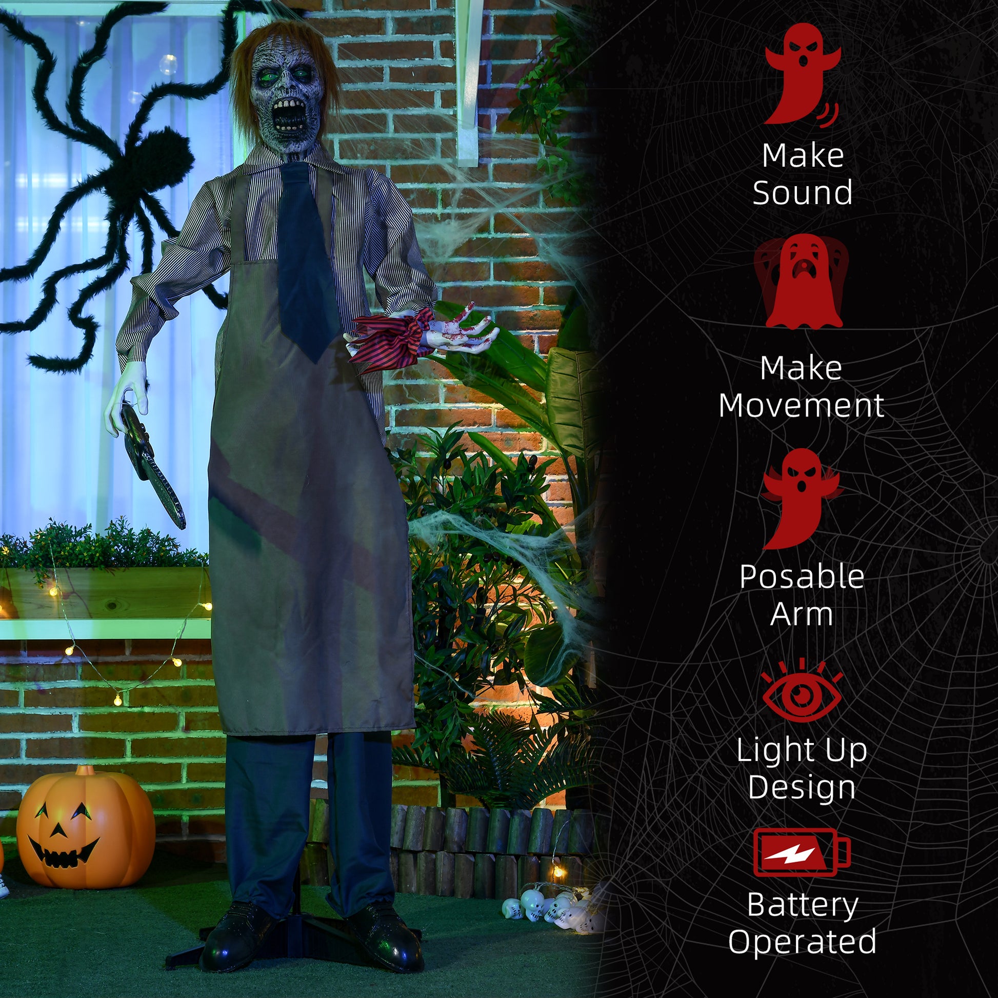 HOMCOM 5.5ft Life Size Halloween Animatronic Standing Chainsaw Killer, with Light Up Eyes, Sound Activated Moving Body, Scary Halloween Decorations, Battery Operated, Indoor Party Props