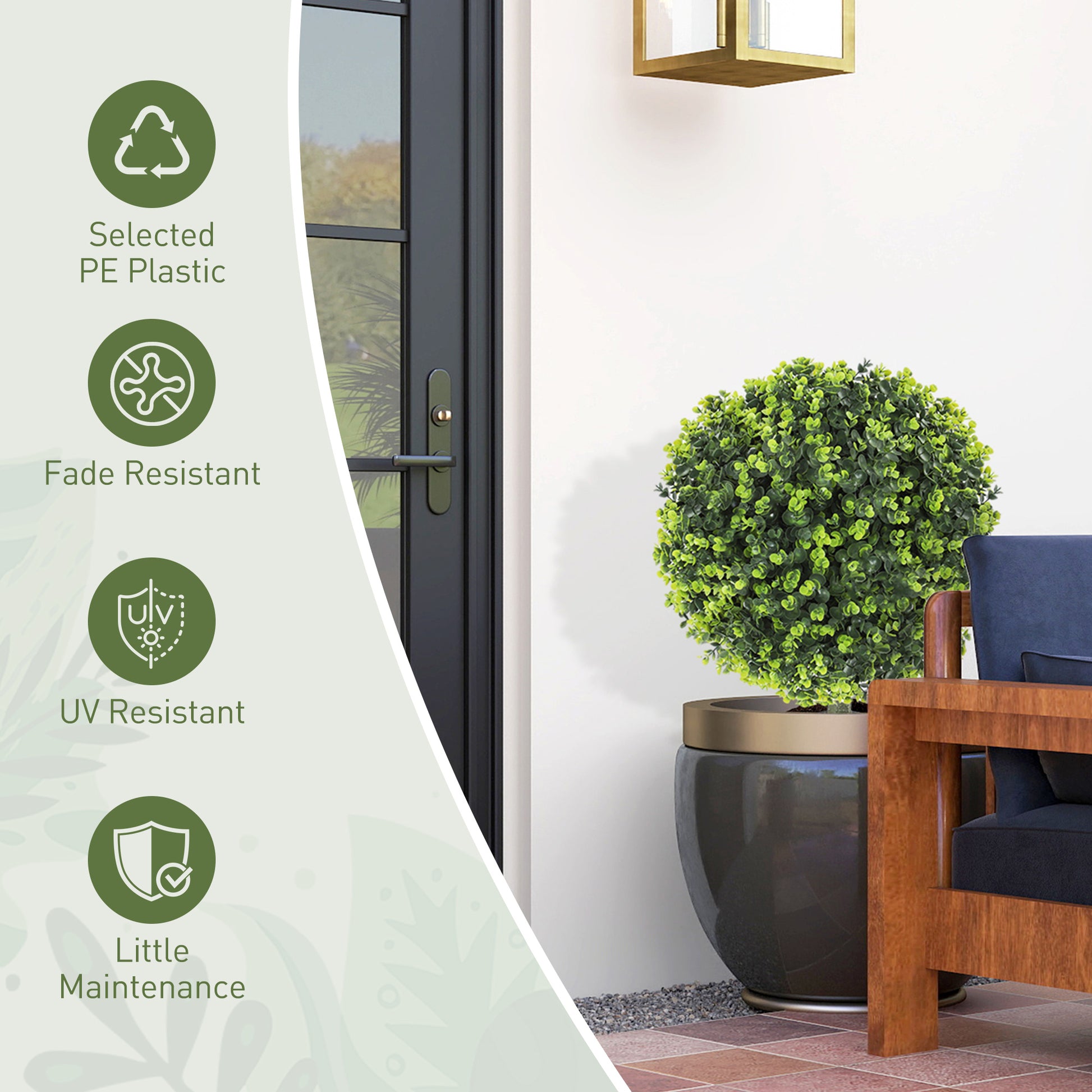 HOMCOM Set of 2 40 cm Artificial Boxwood Topiary Ball Bush with Integrated Ground Stake, Eucalyptus Leaves, Indoor Outdoor UV Resistant Faux Greenery, Faux Plants for Garden, Porch, Balcony