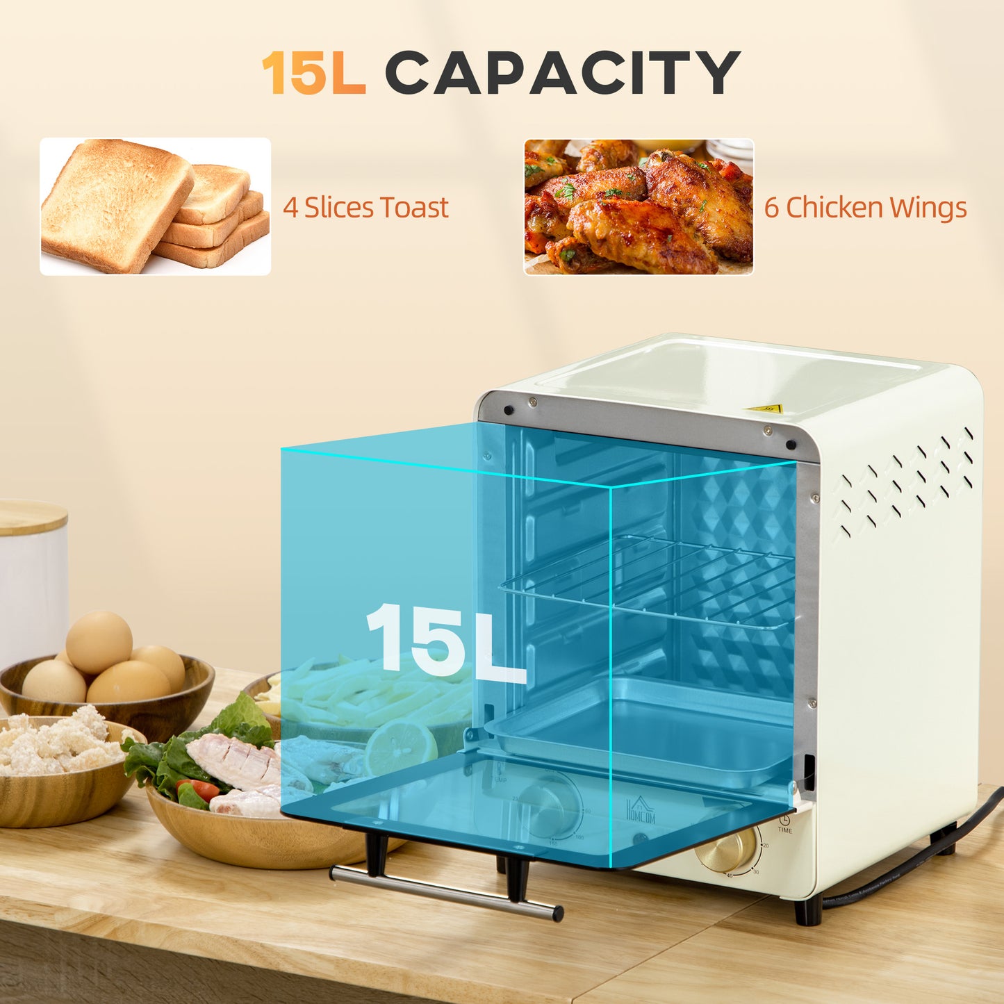 HOMCOM Mini Oven, 15 Litres Electric Oven and Grill with 60-230â„ƒ Adjustable Temperature, 60 Minute Timer, Include Baking Tray, Wire Rack and Crumb Tray, 1000W, Cream White