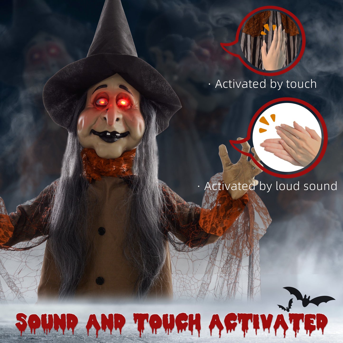 HOMCOM 183 cm Life Size Halloween Animated Standing Fat-Faced Witch with Red Light Up Eyes, Sound Activated Moving Arms & Head, Scary Witch Halloween Decorations, Battery Operated, Indoor Party Props