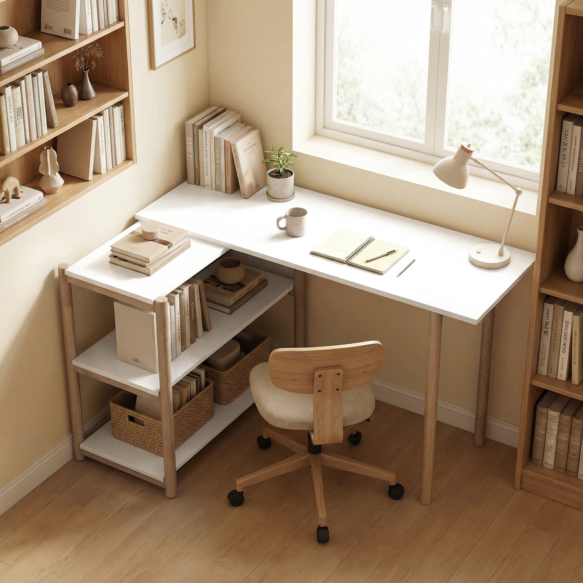 HOMCOM Computer Desk with Storage Shelves Modern Writing Desk Bamboo Frame for Home Office 150 cm White and Oak