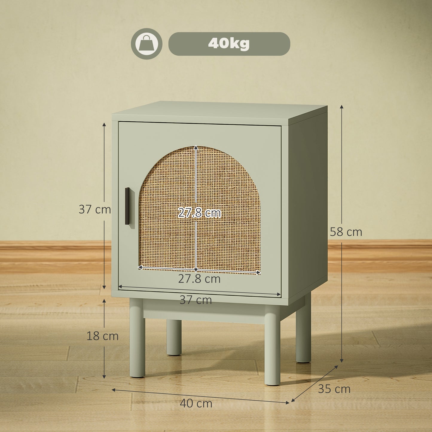 HOMCOM Rattan Bedside Table for Bedroom - Light Green