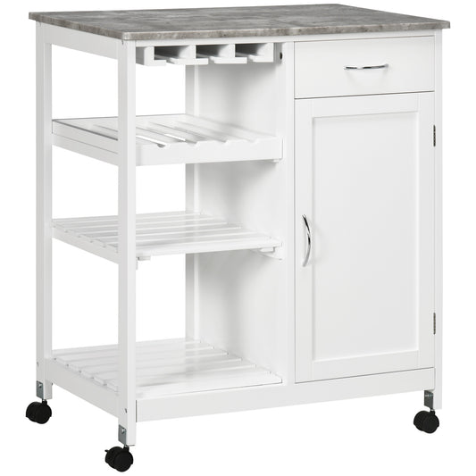 HOMCOM Kitchen Trolley with Wine Rack, Drawer, Open Shelf and Storage Cabinet for Dining Room, White