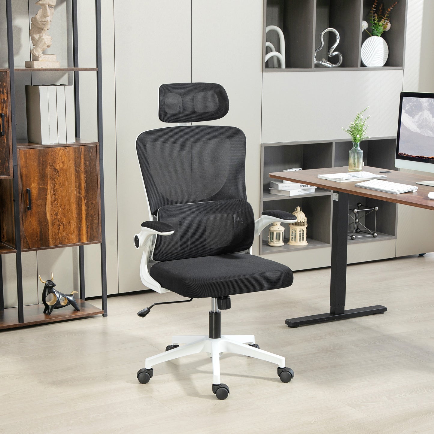 Vinsetto Ergonomic Office Chair, High Back Mesh Computer Desk Chair with Adjustable Headrest and Lumbar Support, Rotatable Armrests, Tilt Function for Home Office, Black