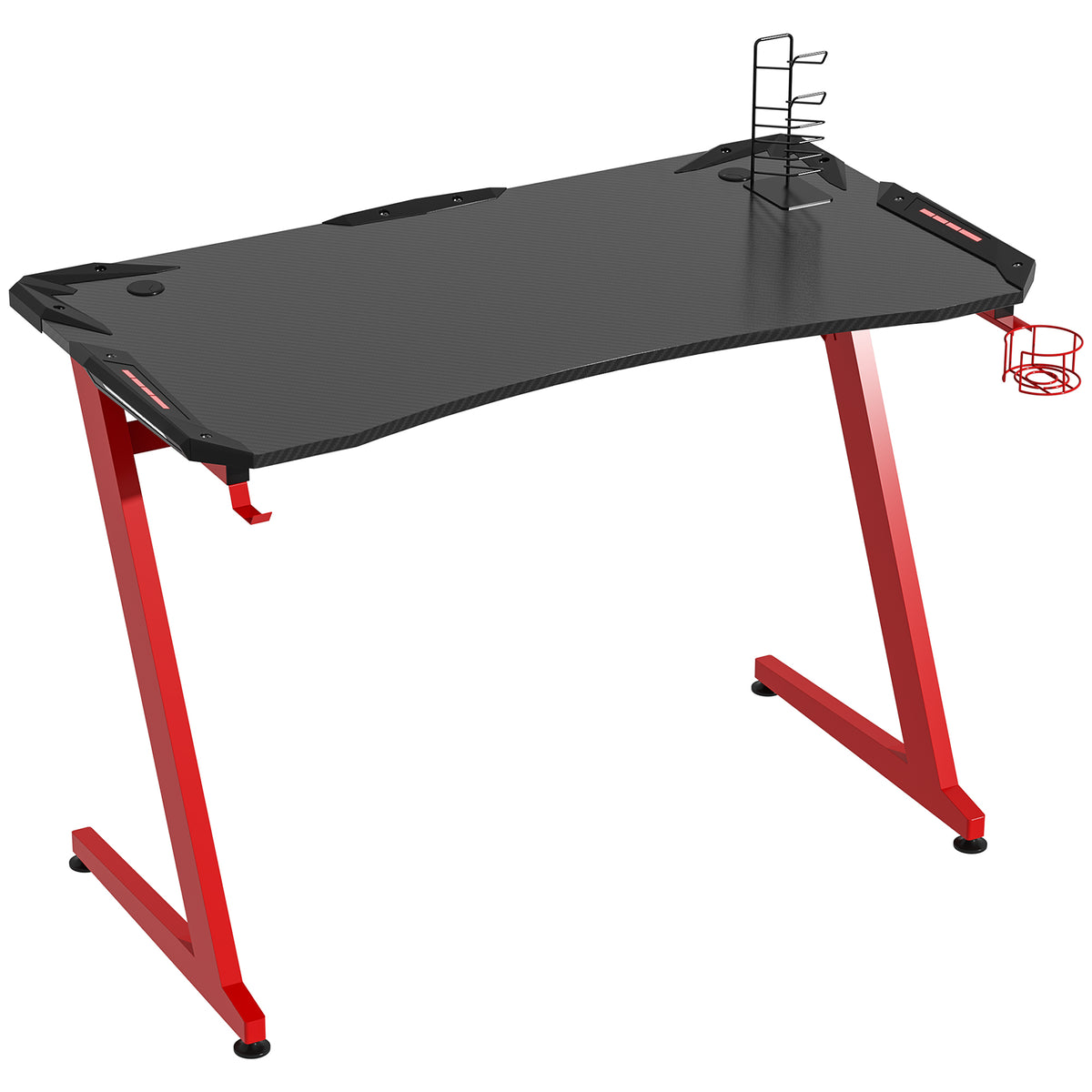 HOMCOM 122 x 66 cm Gaming Desk, Carbon Fibre Covered Computer Desk, Gamer Workstation with Headphone Hook, Cup Holder and Gamepad Storage Rack, Black and Red