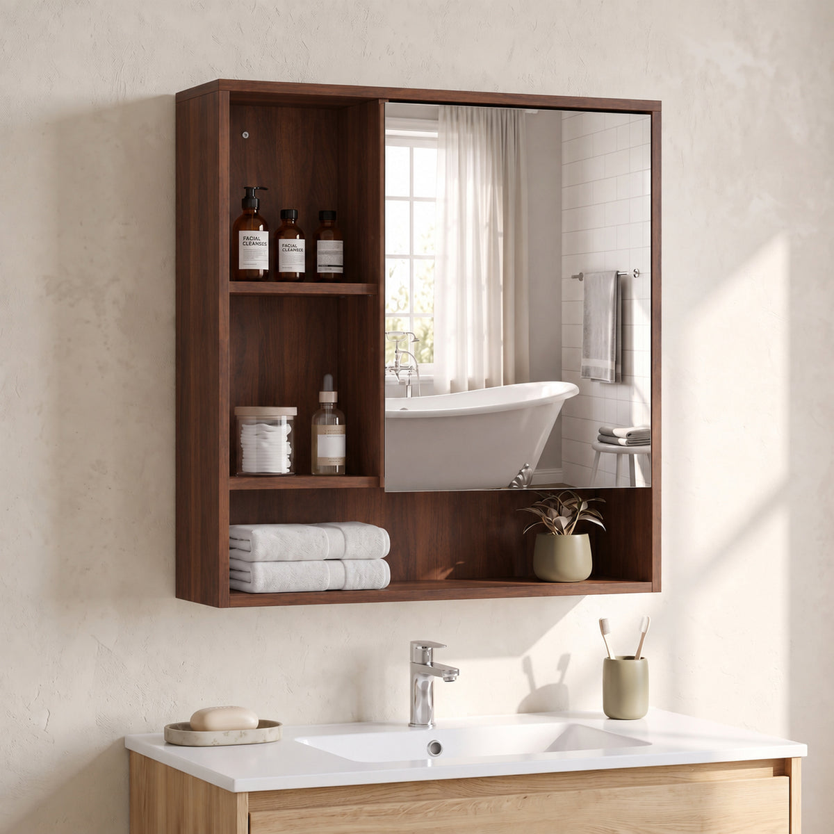 HOMCOM Bathroom Mirror Cabinet, Wall-Mounted Bathroom Cabinet with Mirror Door, Adjustable Shelves, Walnut Brown