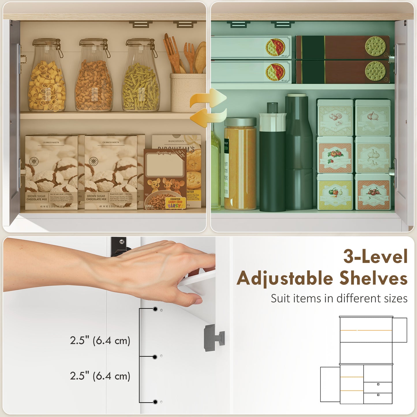 HOMCOM Kitchen Cupboard, Freestanding Kitchen Cabinet with 2 Cabinets, 2 Drawers, Open and Adjustable Shelves, White