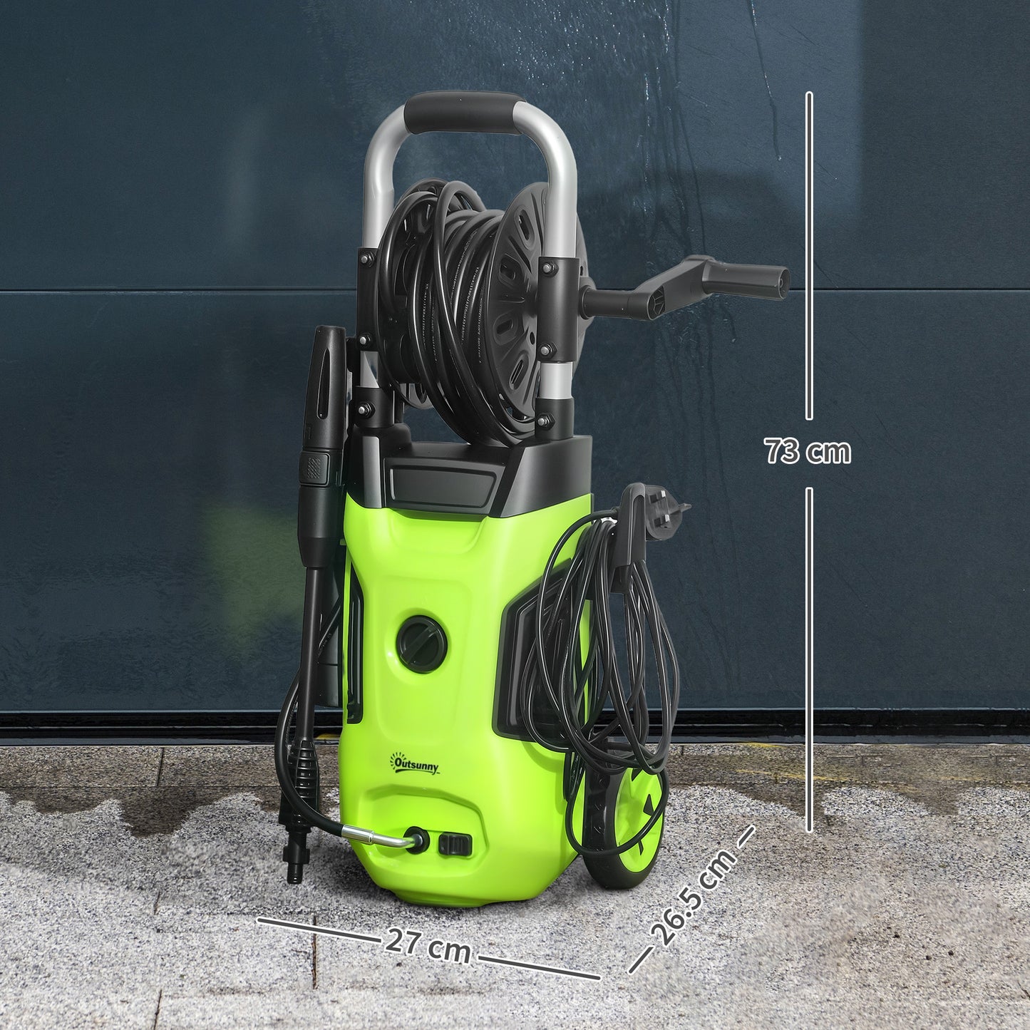 Outsunny 1800W High Pressure Washer, 150 Bar Pressure, 420 L/h Flow, Portable Power Washer Jet Wash Cleaner with Adjustable Nozzle, 6M Hose, Hose Reel, Steel Handle for Home Patio Car Driveway, Green