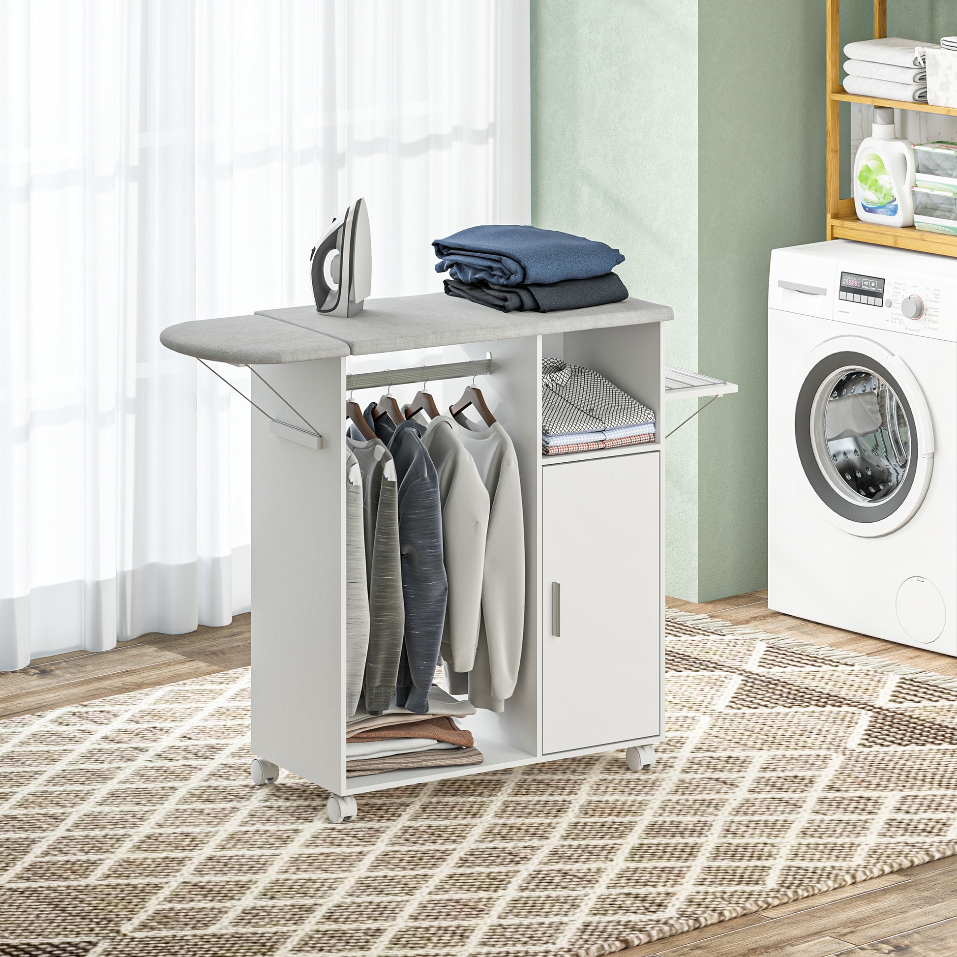 HOMCOM Rolling Ironing Board Cabinet, Foldable Ironing Station with Storage, Wheels for Home, Laundry Room, White