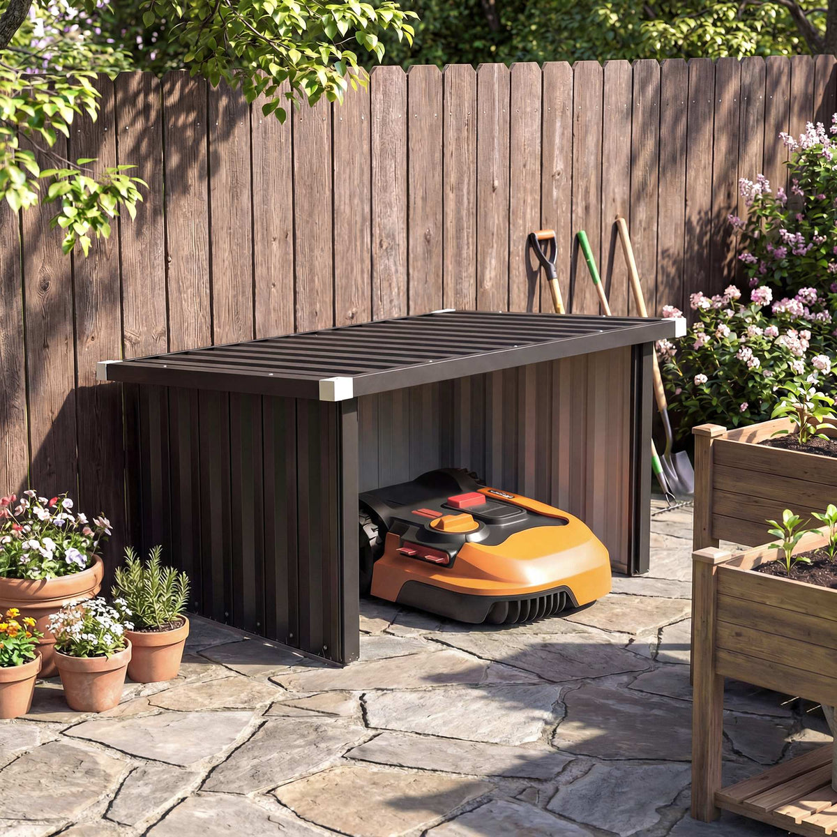 Outsunny Robot Mower Garage with Sloped Roof for Robotic Lawn Mower Storage, Weatherproof, 108 x 86 x 62.5 cm, Dark Grey