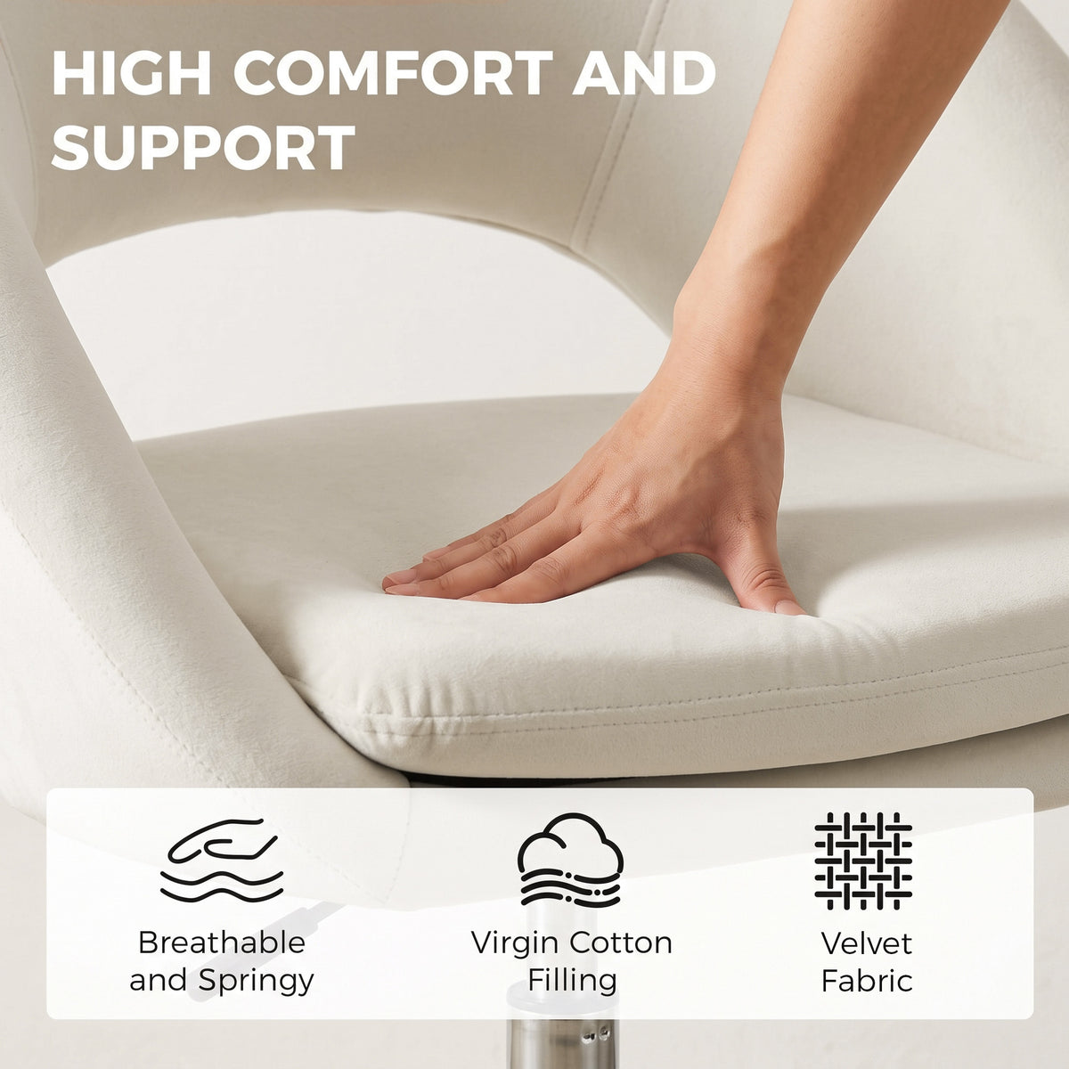 HOMCOM Velvet Desk Chair, Modern Office Chair with Height-Adjustable, Wheels, for Home Study Bedroom, Cream