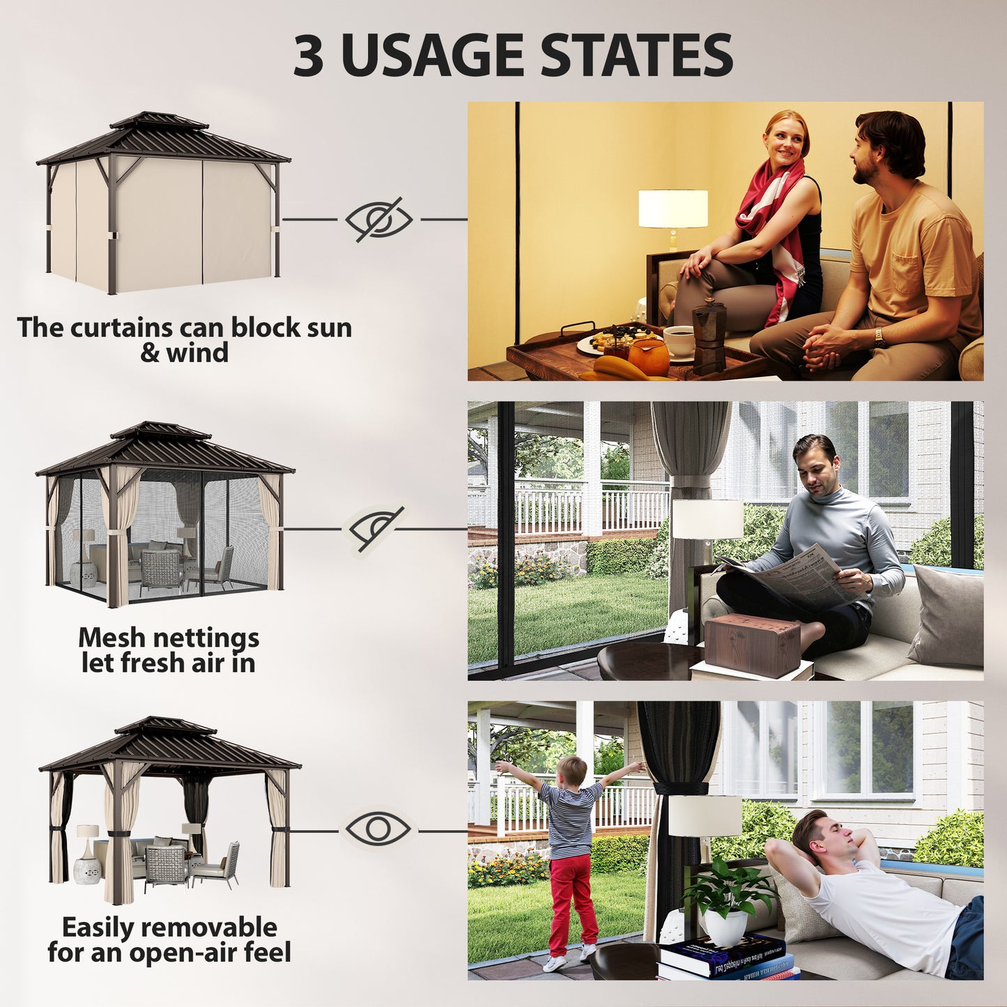 Outsunny 3x3 m Hardtop Gazebo Canopy with UPF50+ Double Galvanised Steel Roof, Aluminium Garden Gazebo Permanent Pavilion, Brown