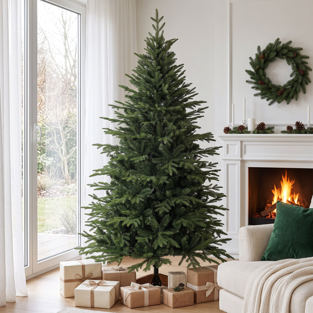 HOMCOM 180 cm Artificial Christmas Tree Full Hinged Xmas Tree Solid Pine Wood Stand, Green