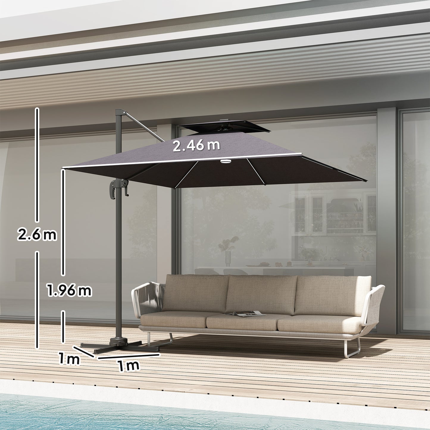 Outsunny 2.5m Cantilever Parasol with Solar Powered LED Lights, 360Â° Rotation, Tilt Adjustment, Crank Handle, Dark Grey