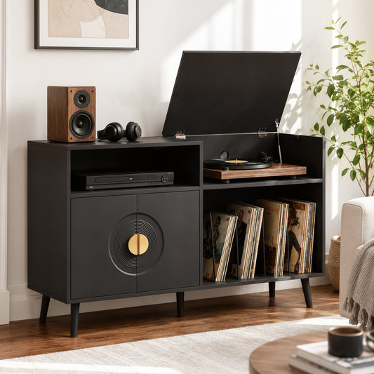 HOMCOM Record Player Stand, Vinyl Record Holder with Storage Holds Up to 300 Albums with Flip-Top Compartment, Black