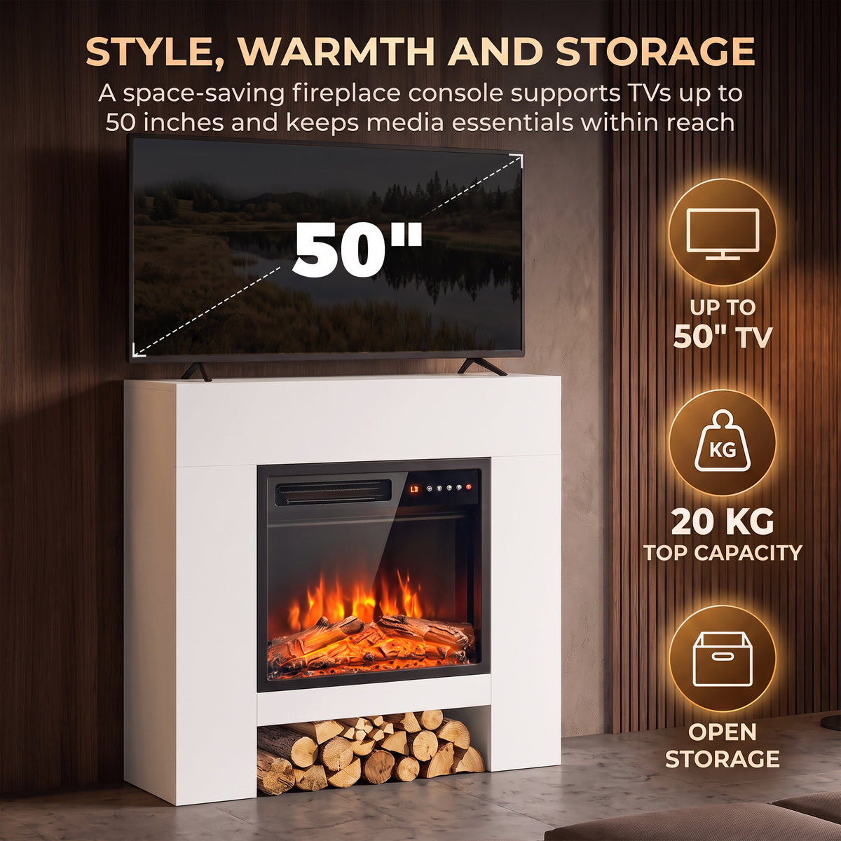 HOMCOM Freestanding Electric Fireplace Suite, Electric Fire and Surround with Shelf, Adjustable Flame Effect, Timer, Remote