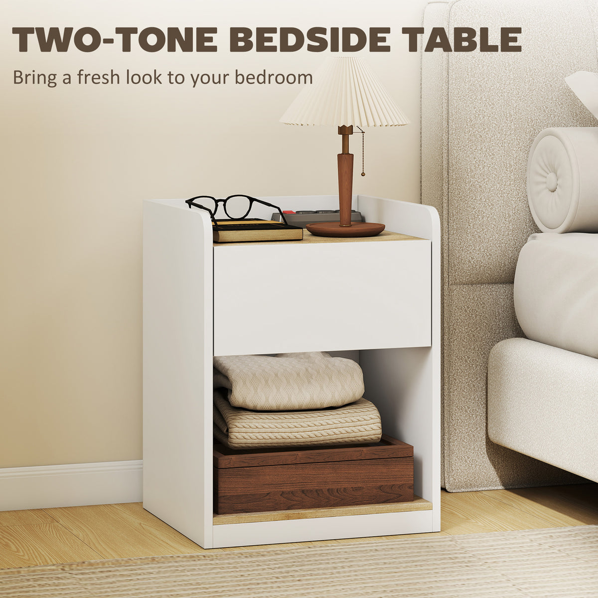 HOMCOM Modern Bedside Table, Slim Nightstand with Drawer, Shelf and Cable Holes, White and Oak