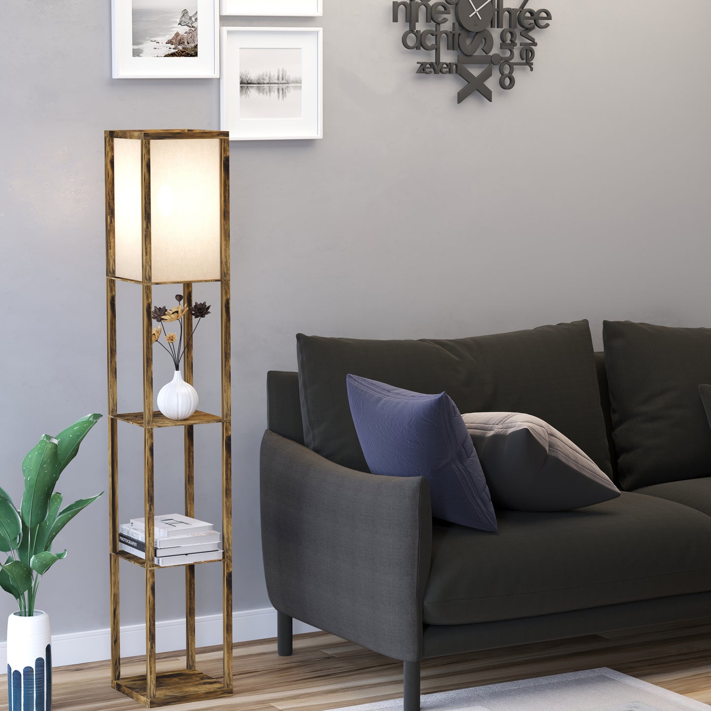 HOMCOM 3-Tier Floor Lamp, Floor Light with Storage Shelf, Reading Standing Lamp with Acrylic Shade for Living Room, Bedroom, Kitchen, Dining Room, Office, Dorm, 160cm, Brown