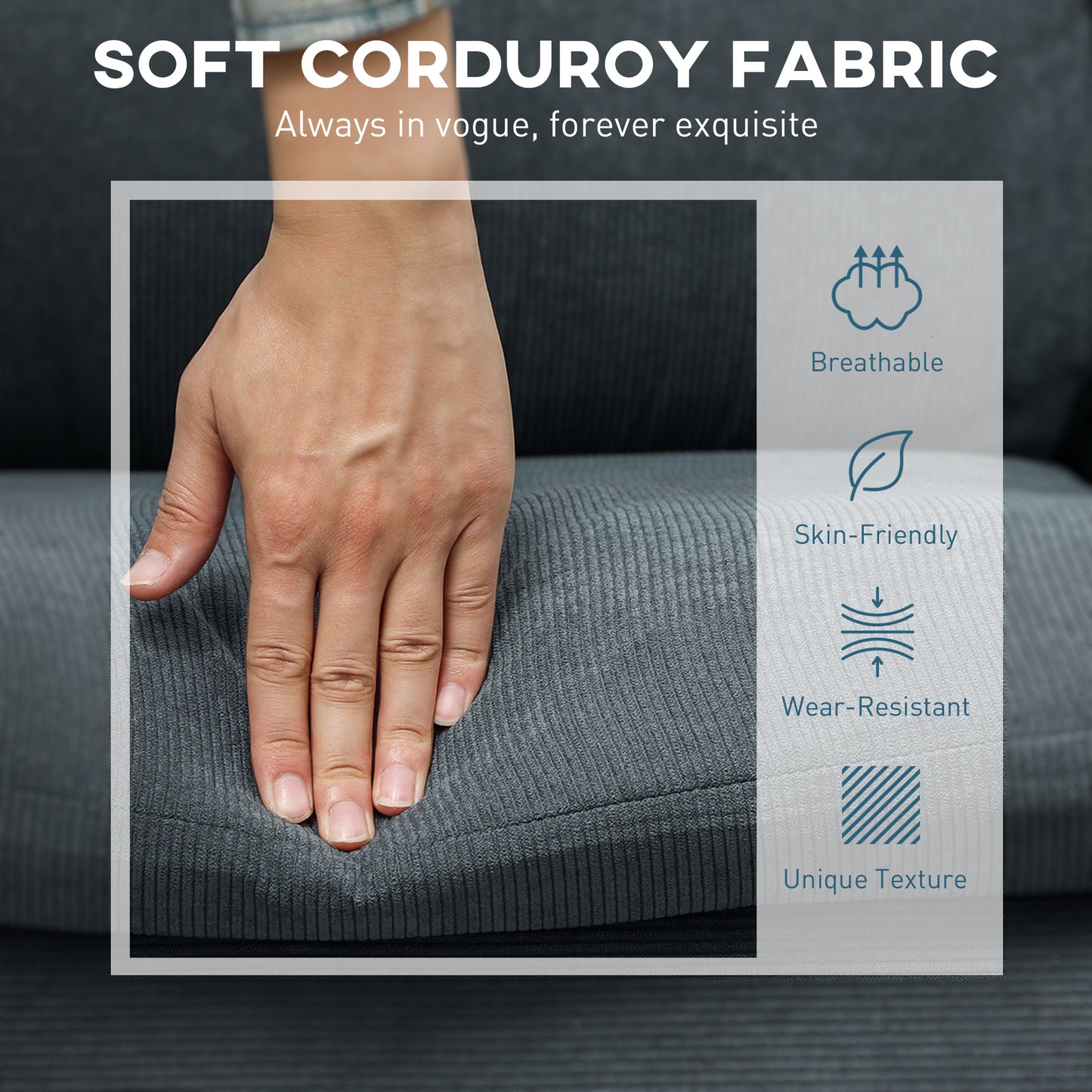 HOMCOM 3 Seater Sofa with Ottoman, 196cm Corduroy L-shaped Sofa Couch with Scatter Back, Reversible Chaise Lounge for Living Room, Home Office, Small Spaces, Charcoal Grey