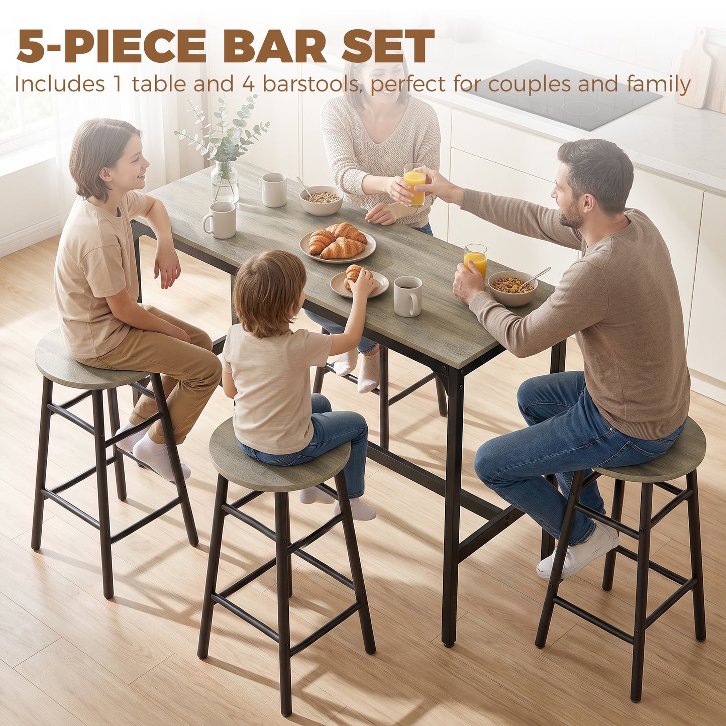 HOMCOM 5 Piece Bar Table Set with 4 Stools, Industrial Bar Table and Stool Set, Dining Table and Chair Set, Grey