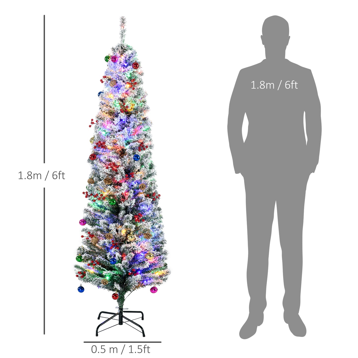 HOMCOM 6' Artificial Prelit Christmas Trees with Colourful LED Lights, Flocked Tips, Berry, Pine Cone