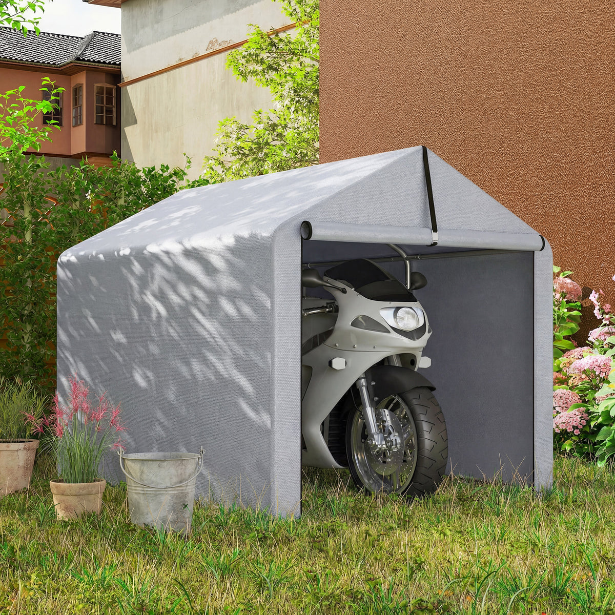 Outsunny 1.6 x 2.2m Garden Shed Tent, Waterproof Outdoor Storage Tent, Roll-up Zipper Door Galvanised Steel Frame, Light Grey