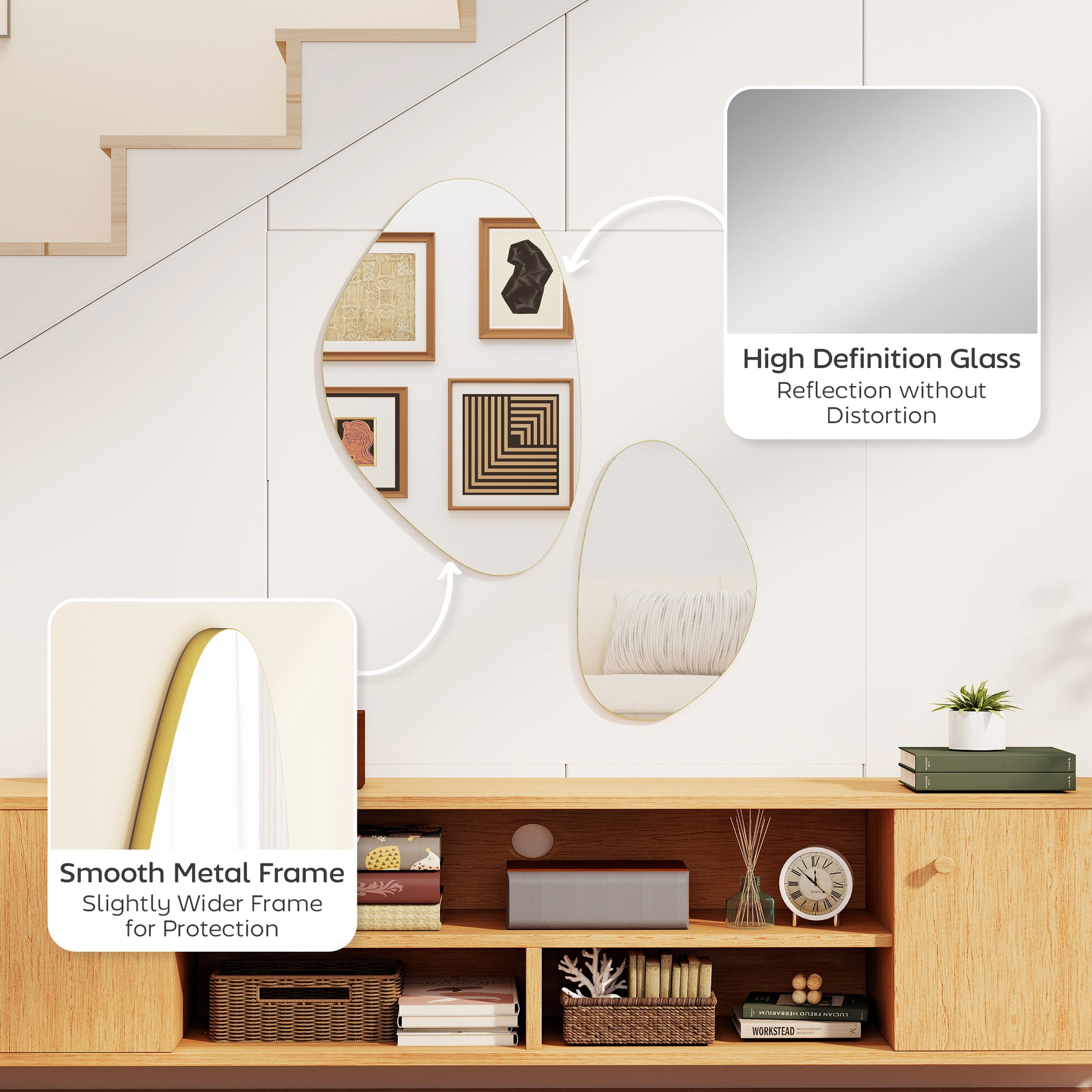 HOMCOM Set of 2 Pebble-Shaped Wall Mirror - Gold Tone