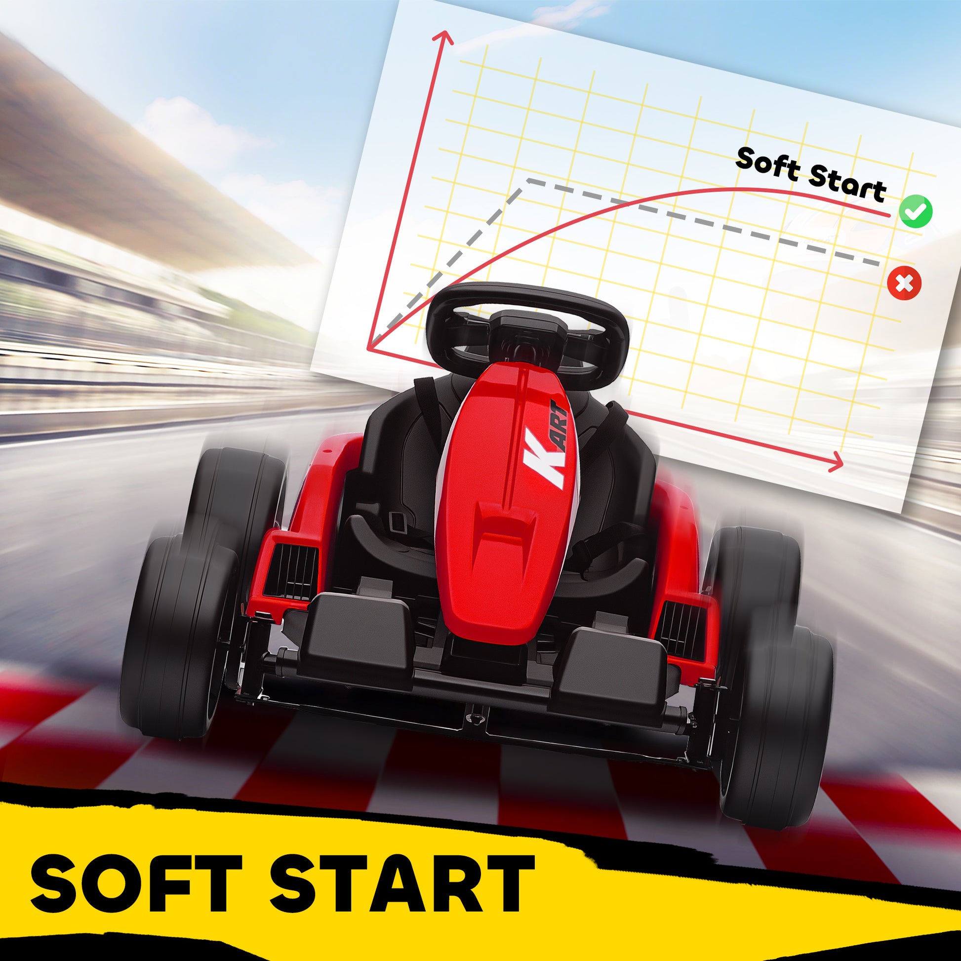 AIYAPLAY 24V Electric Go Kart, Drift Kart with Adjustable Seat, Slow Start, 5-Point Harness, Music, for 6-12 Years, Red