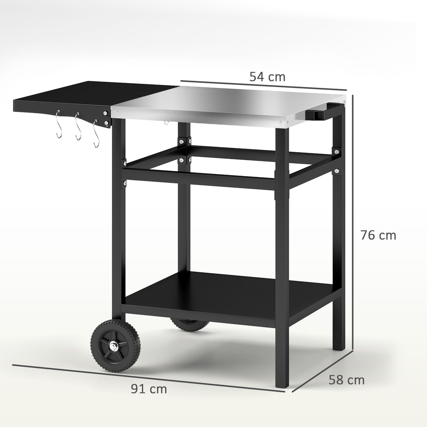 Outsunny BBQ Trolley with Stainless Steel Top and Foldable Side Table, Outdoor Kitchen Barbecue Station with Hooks and Shelf, Pizza Oven Table Movable Outdoor Grill Dining Cart with Cover, Black