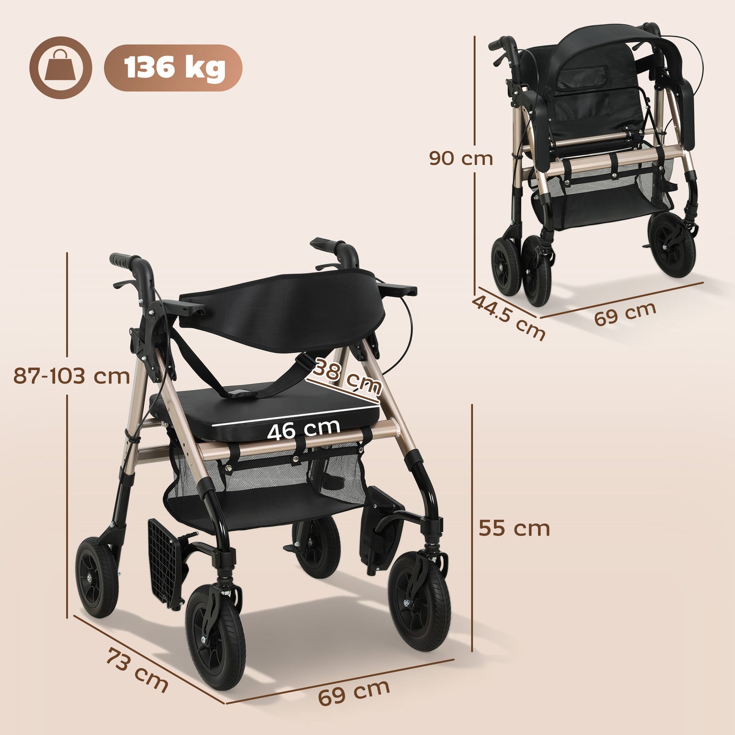 HOMCOM Rollator Walker Wheelchair, with Seat - Black