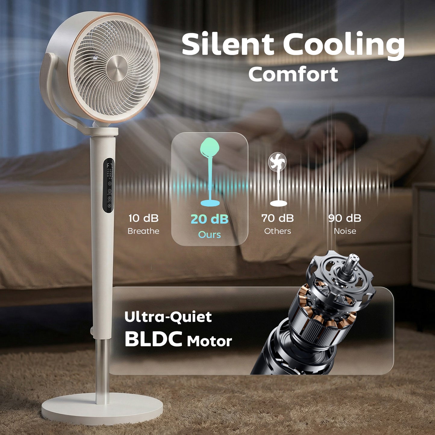 HOMCOM 20dB Silent Standing Fan, 70Â°+90Â° Auto Oscillating Fan with 12 Speeds, LED Light, Air Circulator, Remote Control, 12H Timer, for Bedroom, 46 Inch, White