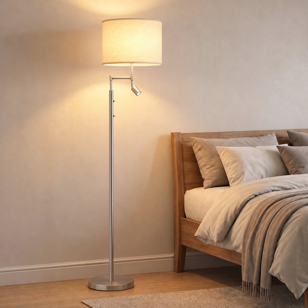 HOMCOM Modern Floor Lamp with Built-In Reading Light, Standing Lamp with Independent Switch, Satin Nickel