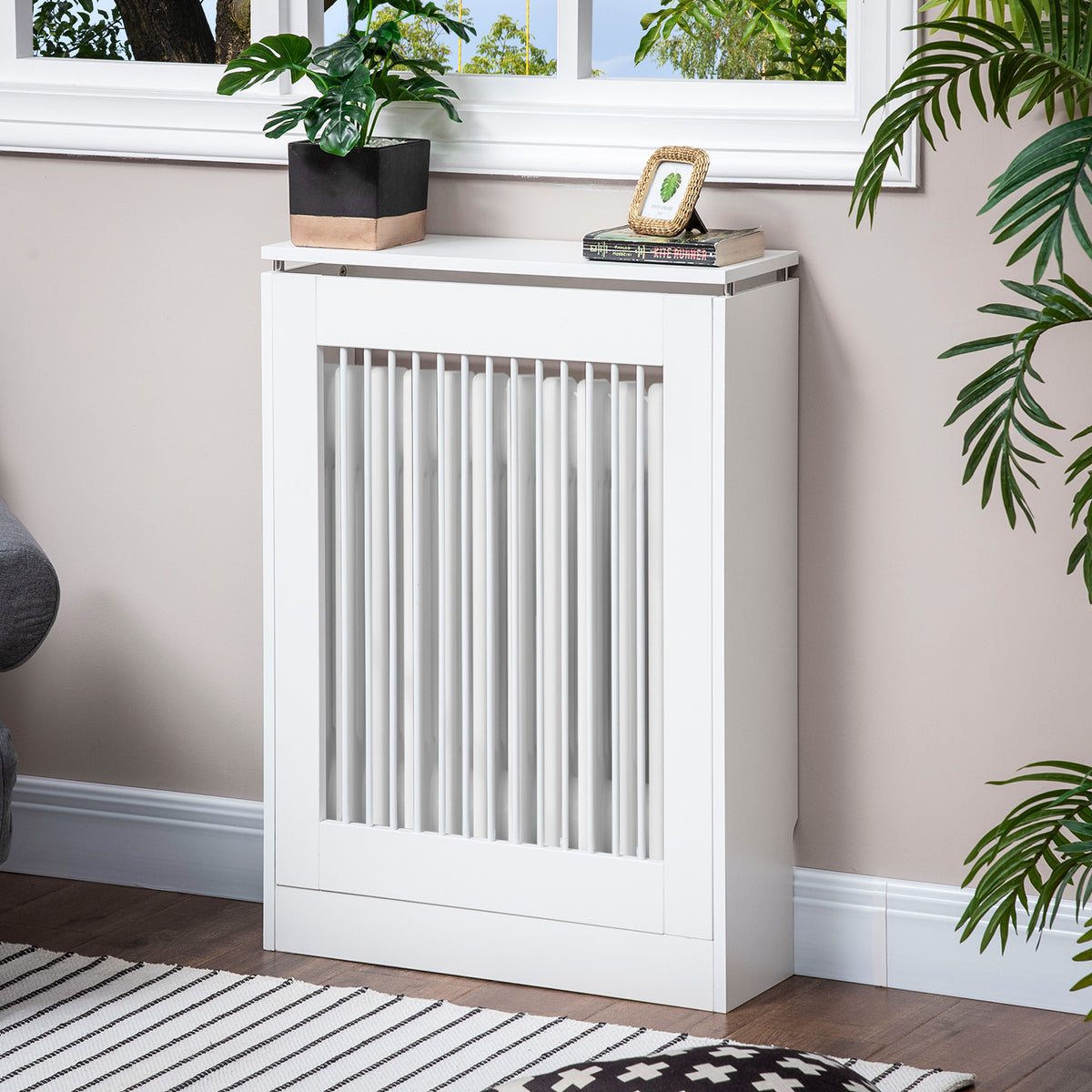 HOMCOM Radiator Cover Vertical Slatted Grille Heater Cover Top Shelf MDF Steel for Heat Circulation 60 x 18 x 84 cm White