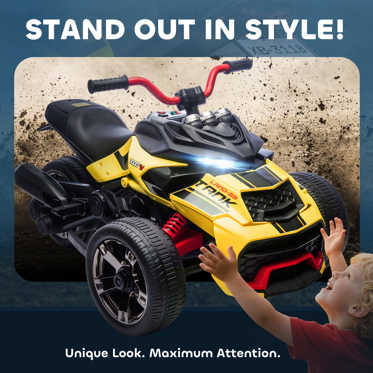 AIYAPLAY 12V Kids Electric Ride On Car with 3 Wheeler, MP3 Player, Horn, 2 Speeds, LED Lights for Boys & Girls Ages 3-8, Yellow