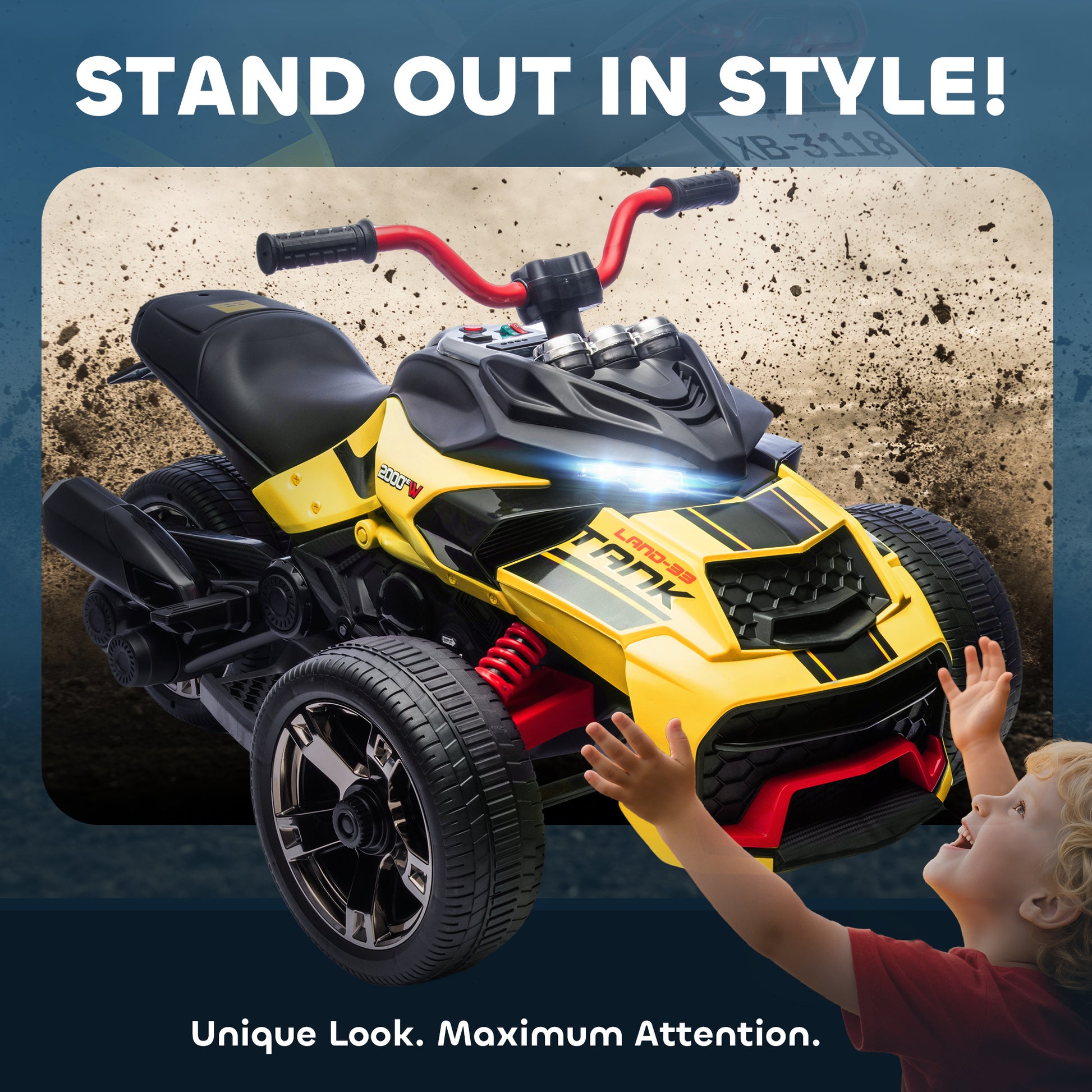 AIYAPLAY 12V Kids Electric Ride On Car with 3 Wheeler, MP3 Player, Horn, 2 Speeds, LED Lights for Boys & Girls Ages 3-8, Yellow