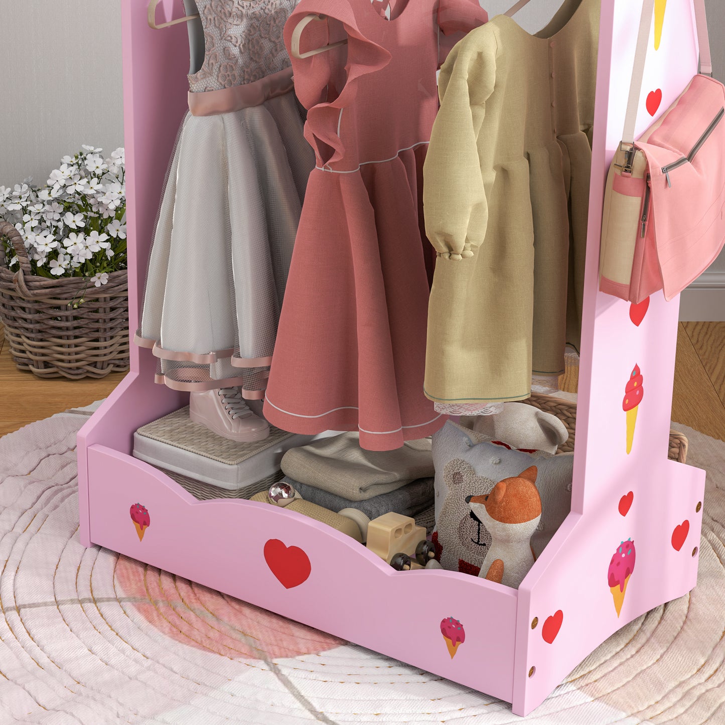 AIYAPLAY Kids Clothes Rail with Two Shelves, for 3-8 Years, Pink