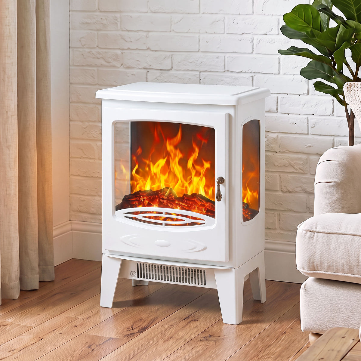 HOMCOM 900W/1800W Freestanding Electric Fireplace, Room Heater with Adjustable Artificial Flame, 3-Sided Tempered Glass, White
