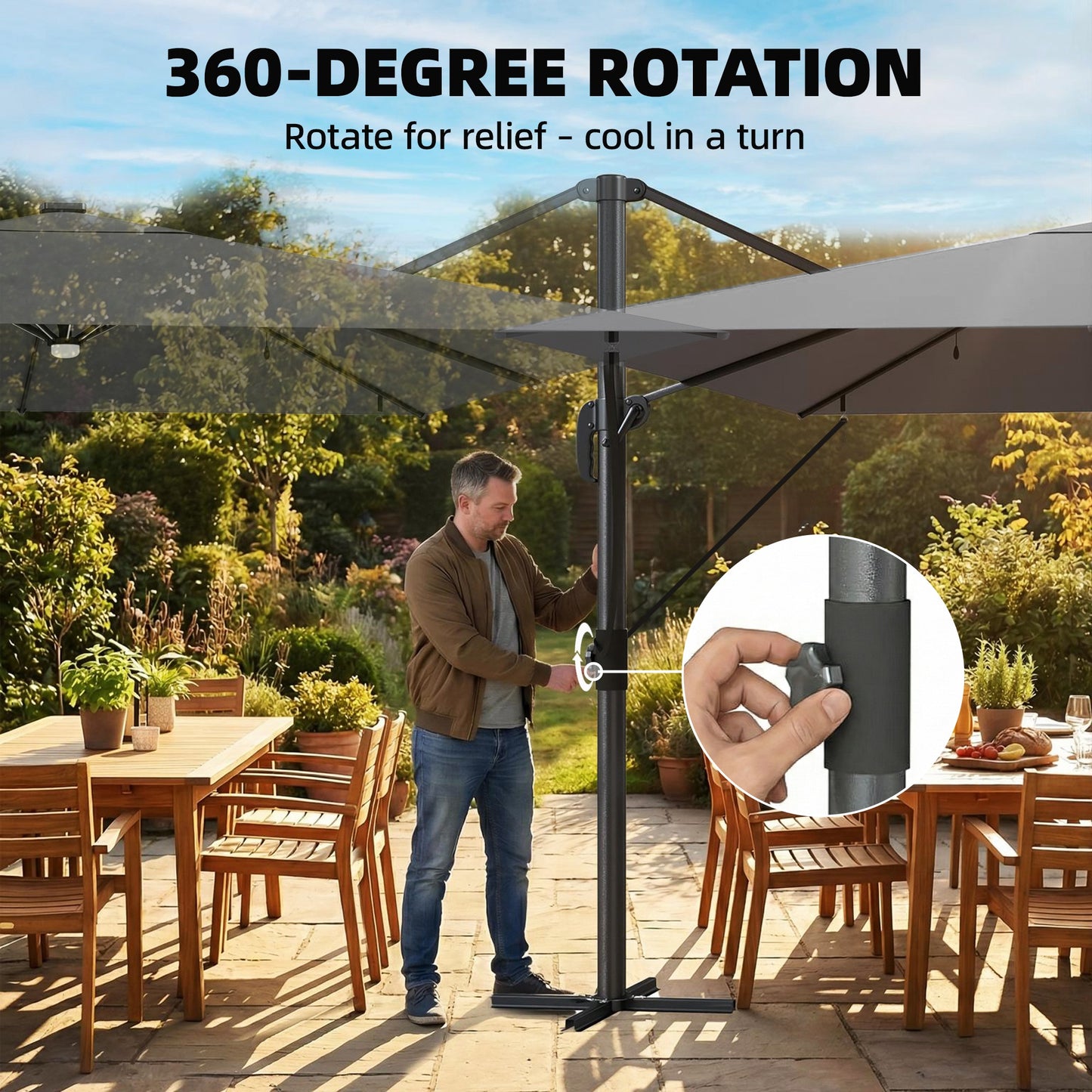 Outsunny 3 x 3 m Garden Cantilever Parasol with Light, Cover, Overhanging Umbrella w/ Wind Protection, 360Â° Rotation, Light Grey