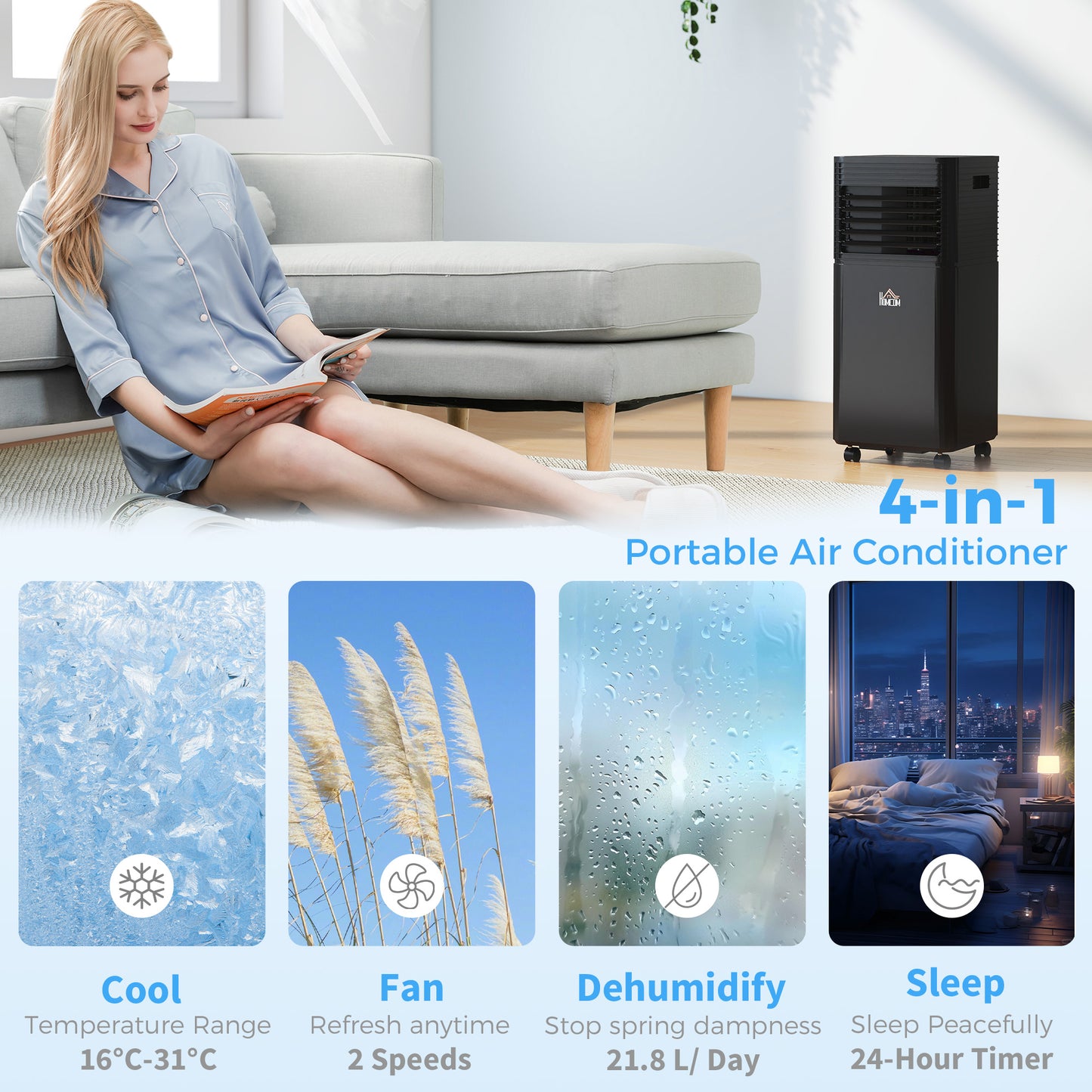HOMCOM 8000 BTU 4-In-1 Portable Air Conditioner Unit Cooling Dehumidifying Ventilating  for Room up to 27mÂ², with Fan, Remote, 24H Timer, Window Mount Kit, R290, A Energy Efficiency