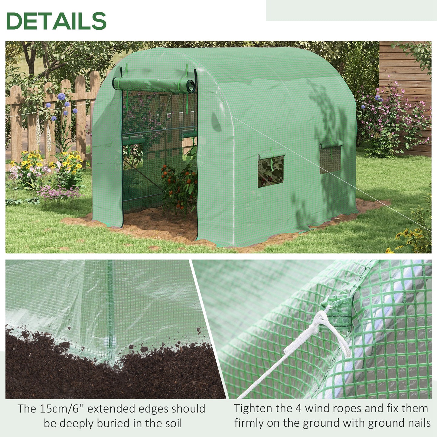 Outsunny Walk-In Garden Polytunnel Greenhouse with Steel Frame, PE Cover, Roll-Up Door and 4 Windows, 2.5 x 2m, Green