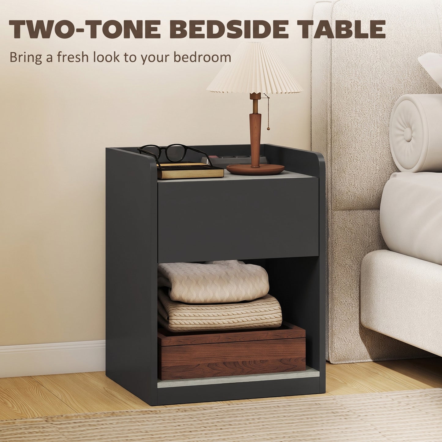 HOMCOM Modern Bedside Table, Slim Nightstand with Drawer, Shelf and Cable Holes, Black and Grey Wood Effect