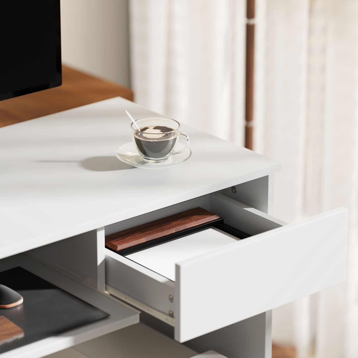 HOMCOM 100cm Compact Computer Desk with Keyboard Tray, Home Office Desk with Drawer for Bedroom Study, White